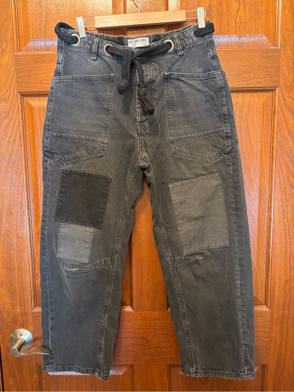 Free People Moxie Low Slung Barrel Jeans Womens 27 Washed Black Patchwork